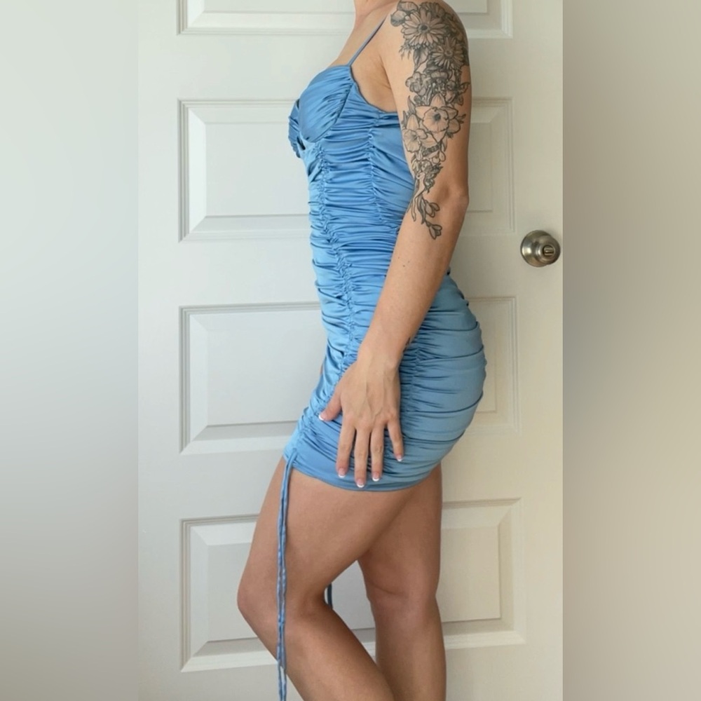 Light blue satin ruched mini oh Polly dress